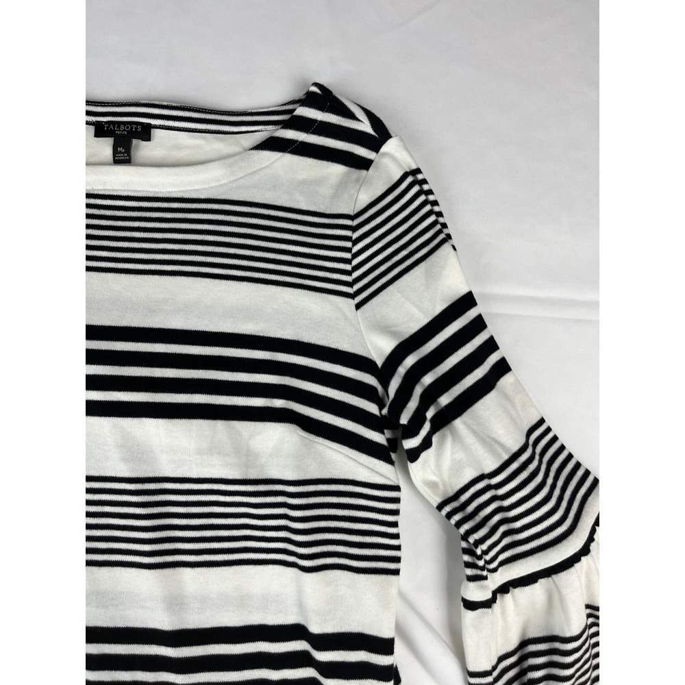 Talbots Petite Black & White Striped‎ 3/4 Bell Sleeve Boat Neck Top MP